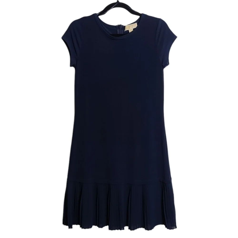 MICHAEL KORS Pleated Hem Shift Dress In Navy Blue Size Small